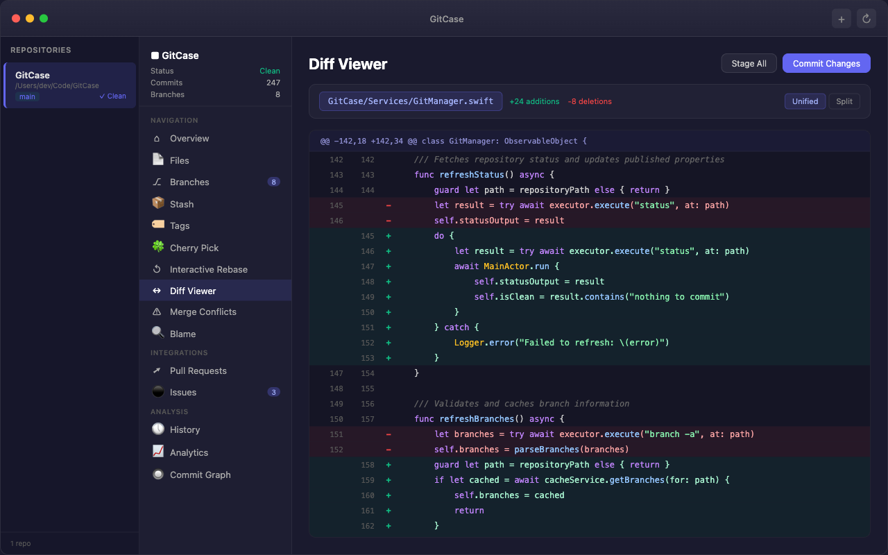 GitCase Diff Viewer - Syntax-highlighted unified diff with line numbers and code changes